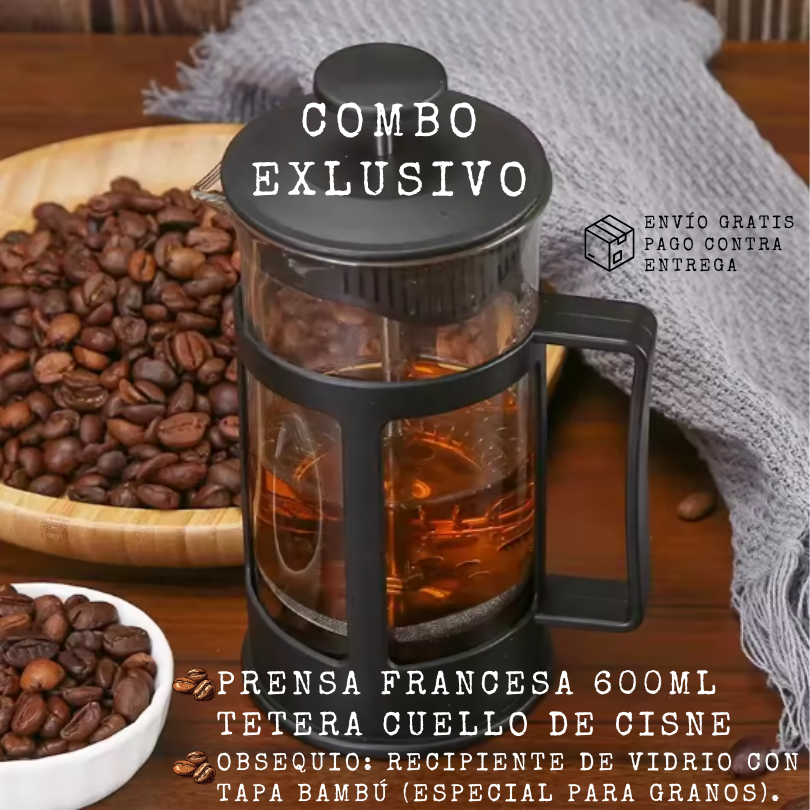 NUEVO COMBO PRENSA FRANCESA 600ML+ TETERA CUELLO CISNE 450ML+ RECIPIENTE DE VIDRIO PARA CAFÉ GRATIS CON ENVÍO INCLUIDO