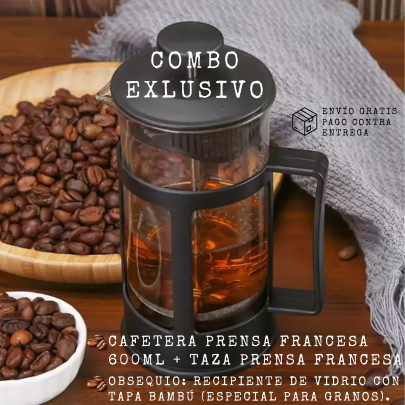 NUEVO COMBO CAFETERA PRENSA FRANCESA 600ML+ TAZA PRENSA FRANCESA 8 ONZAS + RECIPIENTE DE VIDRIO PARA CAFÉ GRATIS CON ENVÍO INCLUIDO ☕✨