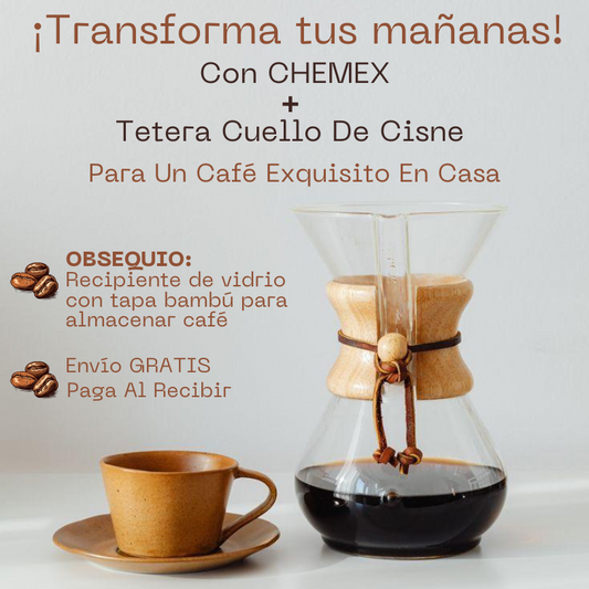 NUEVO COMBO CHEMEX + TETERA DE CUELLO DE CISNE + RECIPIENTE DE VIDRIO PARA CAFÉ GRATIS CON ENVÍO INCLUIDO ☕✨